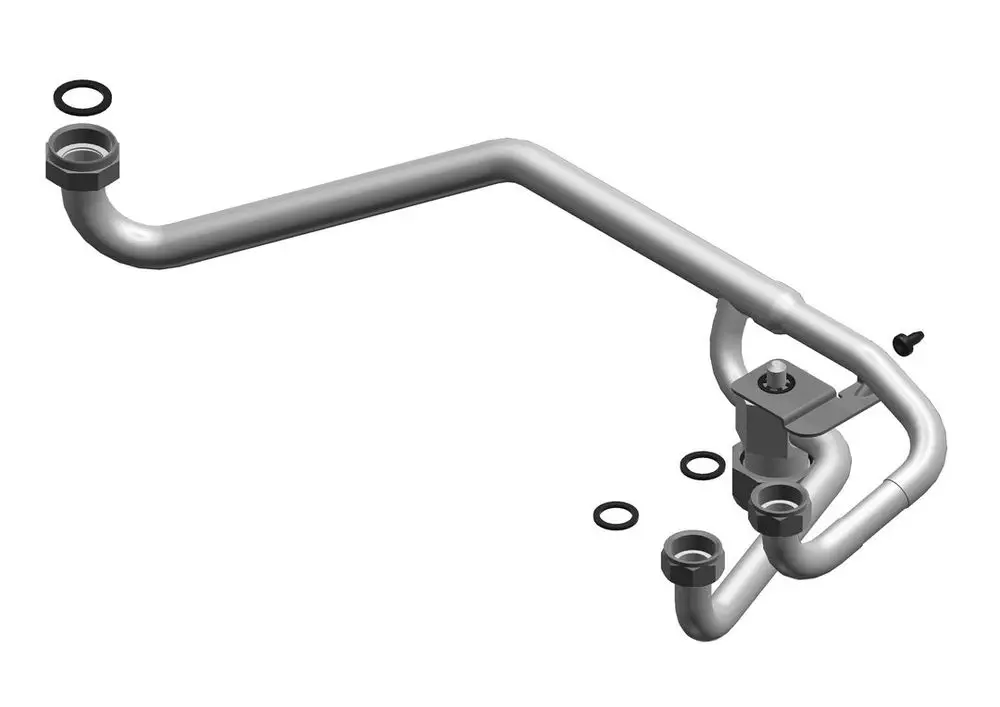 Vorlaufrohr von Bosch mit mehreren Anschlussstellen und Dichtungsringen, aus Metall mit gebogener Form, geeignet für spezifische Anwendungen im Heizungsbereich.